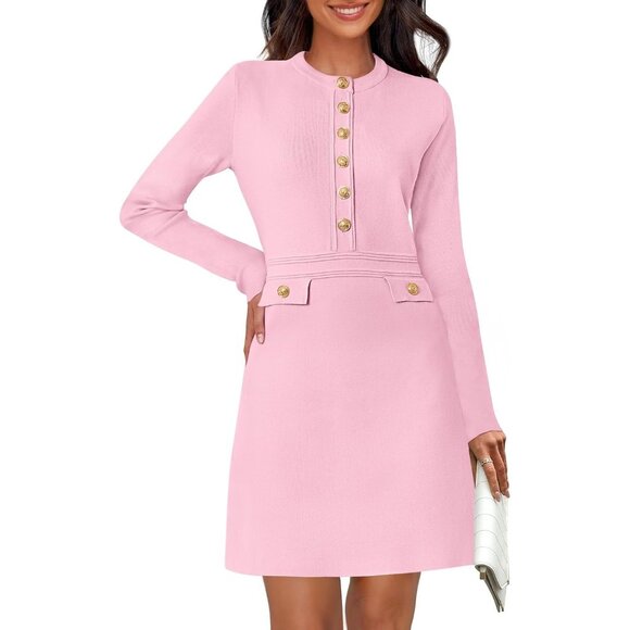 Sweaters - Merokeety Women's Light Pink Long Sleeve Sweater Button Crew Neck Mini Dresses
